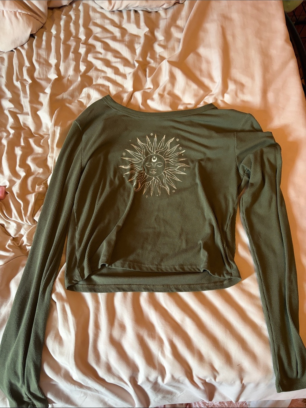 Ardene Olive Green Long-Sleeve Top with Sun Graphic